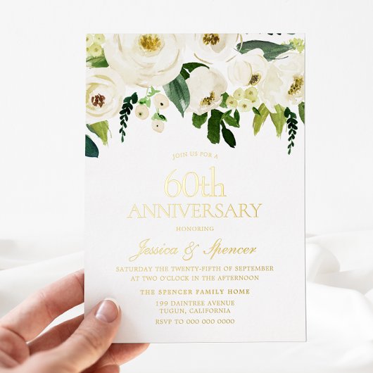 Invitation En Aluminium Noces d'or 60 ans de mariage Fleurs blanches