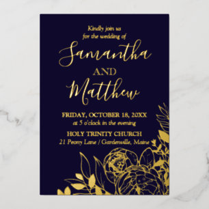 Invitation En Aluminium Noces Florales Modernes Pivoine Bleu Marine et Or