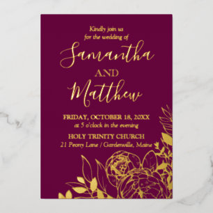 Invitation En Aluminium Noces Florales Modernes Pivoine & Or