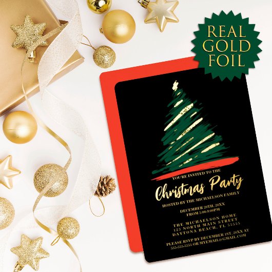 Invitation En Aluminium Noël Abstrait Gold Red Green Tree