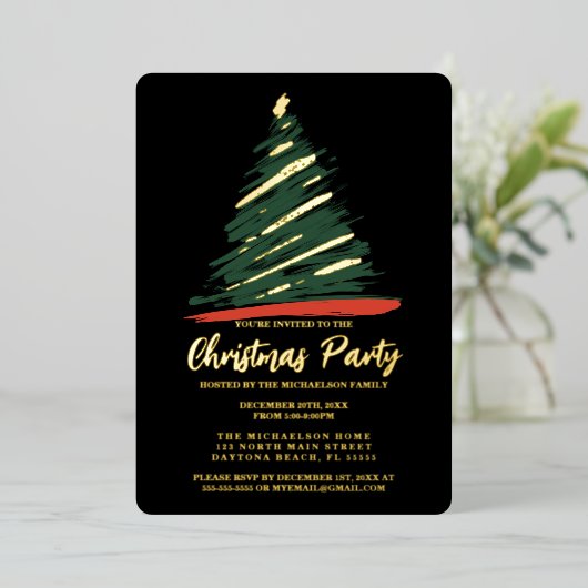 Invitation En Aluminium Noël Abstrait Gold Red Green Tree (Debout devant)