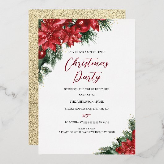 Invitation En Aluminium Noël Gold Red Festive Foliage Party (Recto/Verso)
