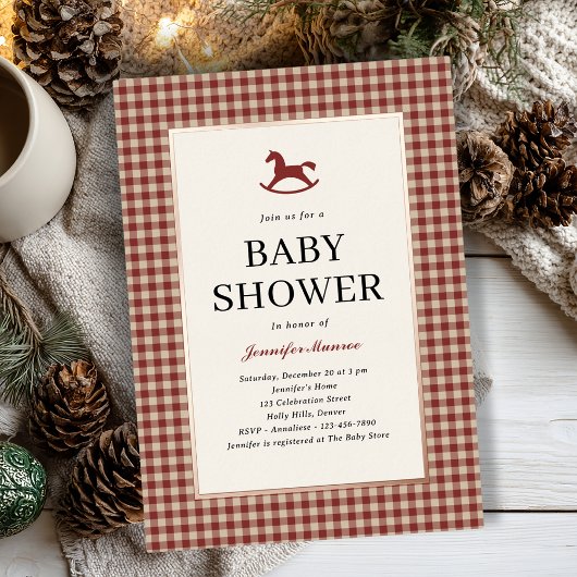 Invitation En Aluminium Noël Rouge Plaid Baby shower de Cheval Rocheux