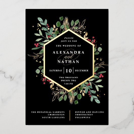 Invitation En Aluminium Noël Vert doré sur Mariage noir (Recto)