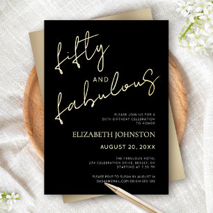 Invitation En Aluminium Noir 50 Fabuleux Anniversaire Script Simple Or Rée