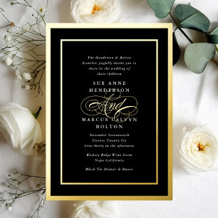 Invitation En Aluminium Noir & Blanc Élégant Calligraphie Formel Mariage