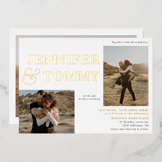 Invitation En Aluminium Noir blanc en gras noms or 3 photos mariage (Recto/Verso)