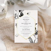 Invitation En Aluminium Noir & Blanc floral géométrique cadre or