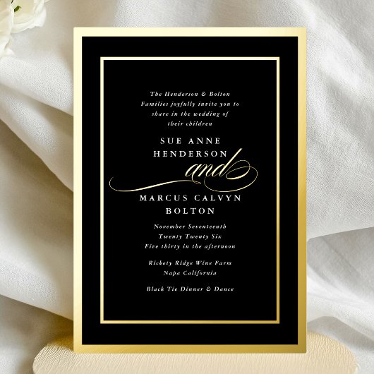 Invitation En Aluminium Noir Blanc Formelle Calligraphie Or Mariage Cadre