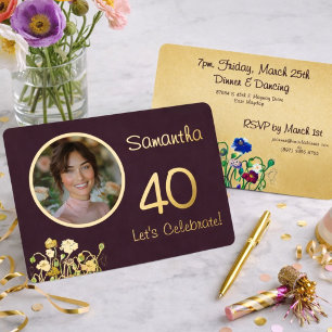 Invitation En Aluminium Noir de Prune Photo Personnalisé 40e Anniversaire