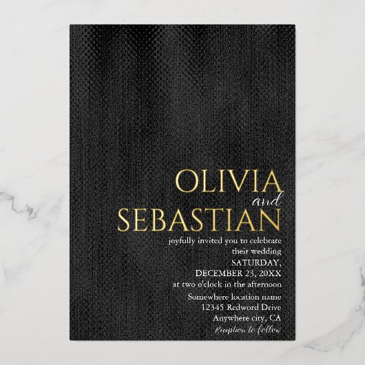 Invitation En Aluminium Noir délicat moderne Minimal Mariage texturé (Recto)