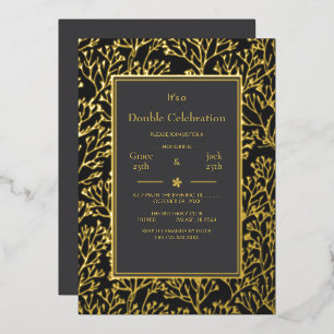 Invitation En Aluminium Noir Élégant Double Célébration Anniversaire