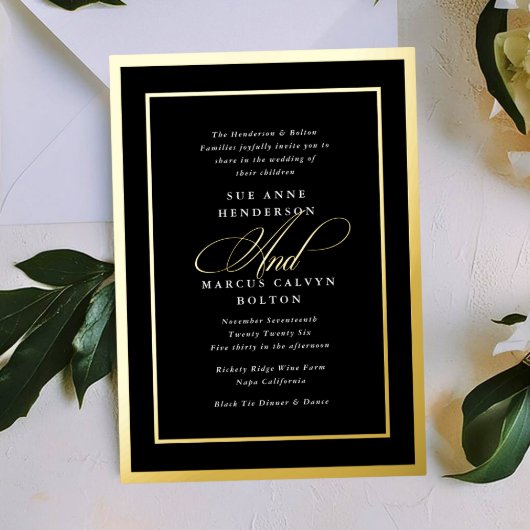 Invitation En Aluminium Noir et blanc Calligraphie officielle Mariage Or