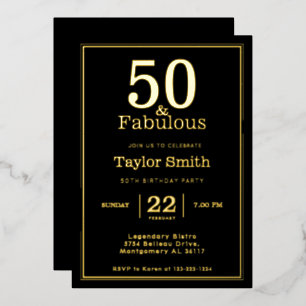Invitation En Aluminium Noir et Or 50 ans et Fabuleux Anniversaire pers