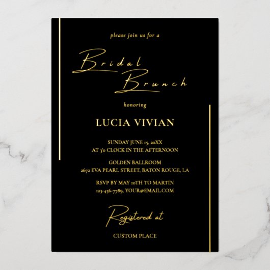Invitation En Aluminium Noir et or classique Calligraphie Bridal Brunch