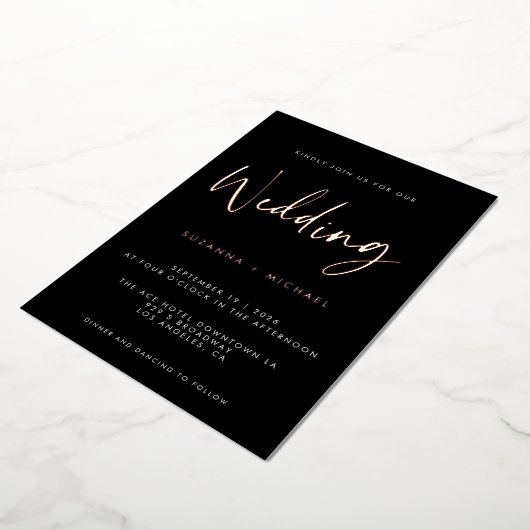 Invitation En Aluminium Noir moderne Calligraphie Script Mariage Or (Rotation)