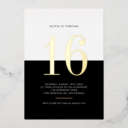 Invitation En Aluminium Noir moderne et blanc 60e anniversaire Gold Foil (Recto)