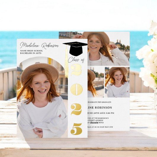 Invitation En Aluminium Noir moderne et or 4 photos Graduation