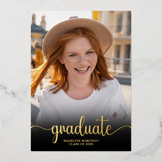 Invitation En Aluminium Noir moderne minimum 4 Script photo Graduation (Recto)