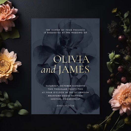 Invitation En Aluminium Noir Moody Botanique Élégant Mariage Or