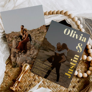 Invitation En Aluminium Noir or gras noms 2 photos mariage