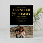 Invitation En Aluminium Noir or gras noms chic 2 photos mariage (Debout devant)