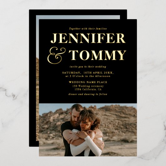 Invitation En Aluminium Noir or gras noms chic 2 photos mariage (Recto/Verso)