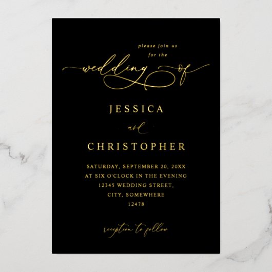 Invitation En Aluminium Noir & Or Moderne Calligraphie 3 Mariage (Recto)