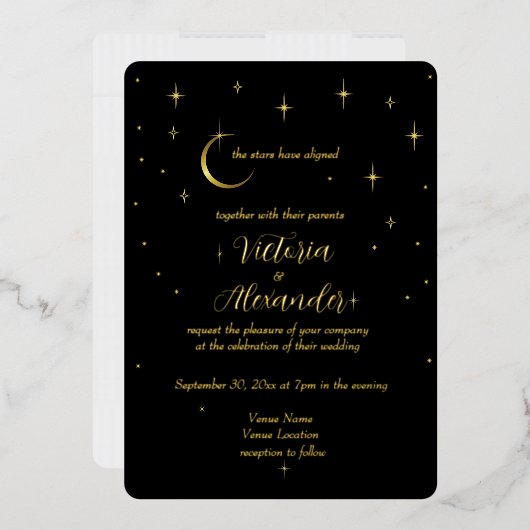 Invitation En Aluminium Noir Or Moderne Minimal Celestial (Enveloppe)