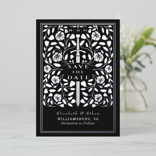 Invitation En Aluminium Noir Royal Médiéval mariage épée Enregistrer la da (Debout devant)