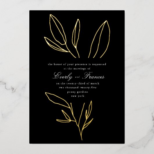 Invitation En Aluminium Noir Simple Botanique Pierre Mariage Or (Recto)