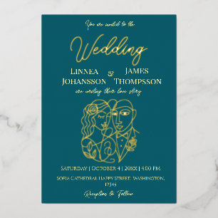 Invitation En Aluminium Noir Turquoise Or élégant Mariage moderne Couple