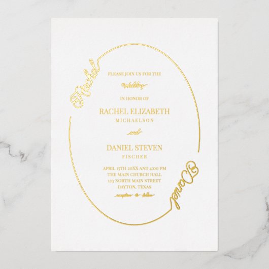 Invitation En Aluminium Nom blanc simple Mariage frontière ovale réel (Recto)