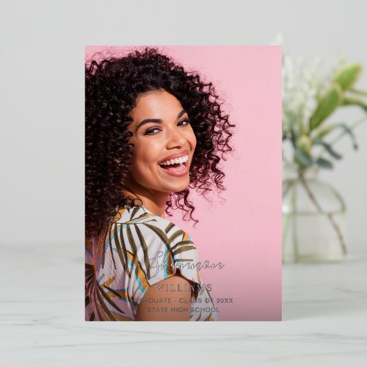 Invitation En Aluminium Nom du grand script Photo Grad Party Lumière verti (Debout devant)