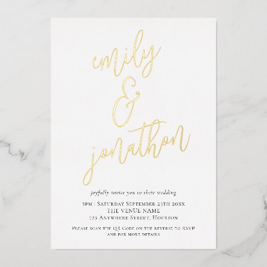 Invitation En Aluminium Noms de script élégants Code QR Mariage Vrai Feuil (Recto)