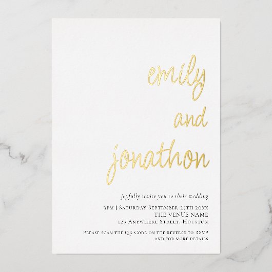 Invitation En Aluminium Noms de script glamour Code QR Mariage Luxe Réel (Recto)