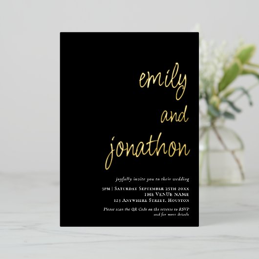 Invitation En Aluminium Noms de script QR Code Mariage noir Luxe (Debout devant)