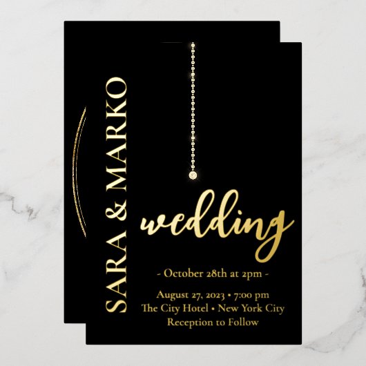 Invitation En Aluminium NOMS en or noir Mariage simple (Recto/Verso)