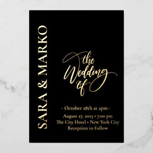 Invitation En Aluminium NOMS en or noir Mariage simple (Recto)