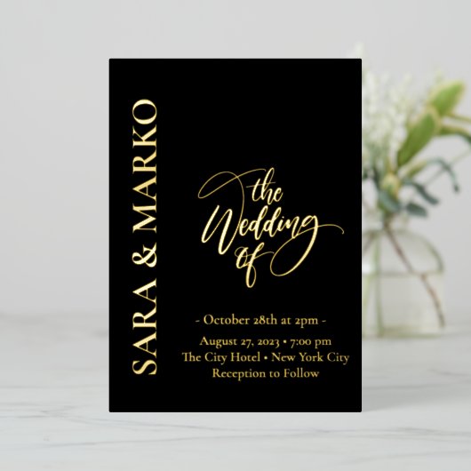 Invitation En Aluminium NOMS en or noir Mariage simple (Debout devant)