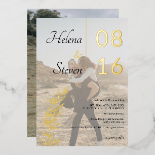 Invitation En Aluminium Noms floraux en gras noir blanc 2 photos mariage