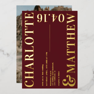Invitation En Aluminium Noms gras modernes bordeaux photo mariage or