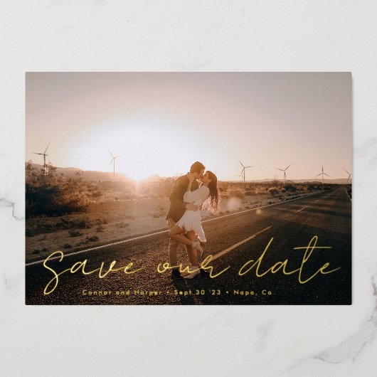 Invitation En Aluminium Noms modernes personnalisés Photo Or Save The Date (Recto)