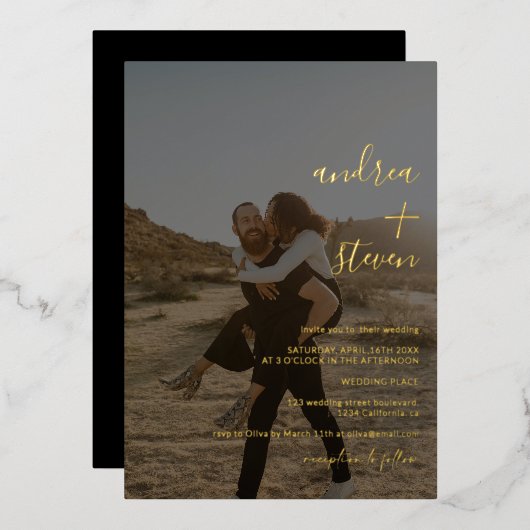 Invitation En Aluminium Noms script simple script photo mariage or (Recto/Verso)