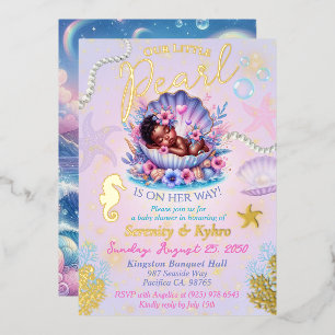 Invitation En Aluminium Notre petite Fête de Bébé Coquillages Perle Pastel