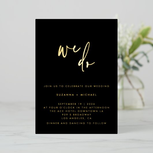 Invitation En Aluminium Nous faisons Moderne Noir Calligraphie Mariage Or (Debout devant)