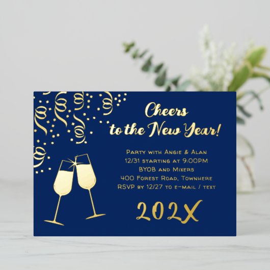 Invitation En Aluminium Nouvel An Sove Party Clink Confetti Or (Debout devant)