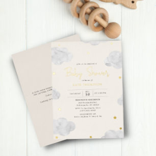 Invitation En Aluminium Nuage Aquarelle Crème Neutre Baby Shower Or