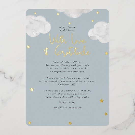 Invitation En Aluminium Nuages Baby shower gris bleu Merci plat (Recto)