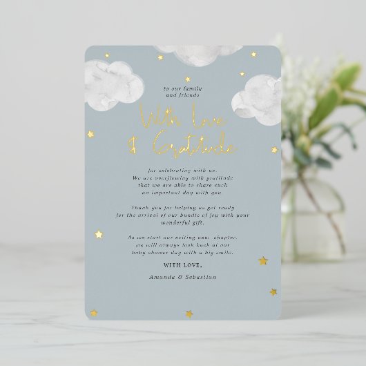 Invitation En Aluminium Nuages Baby shower gris bleu Merci plat (Debout devant)